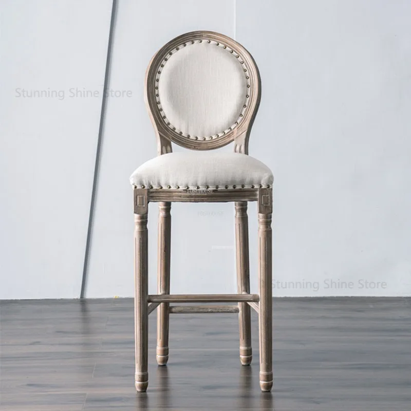 European Antique Bar Stools Home Bar Furniture Solid Wood Chairs American Retro Backrest High Chair Villa Chair for Kitchen