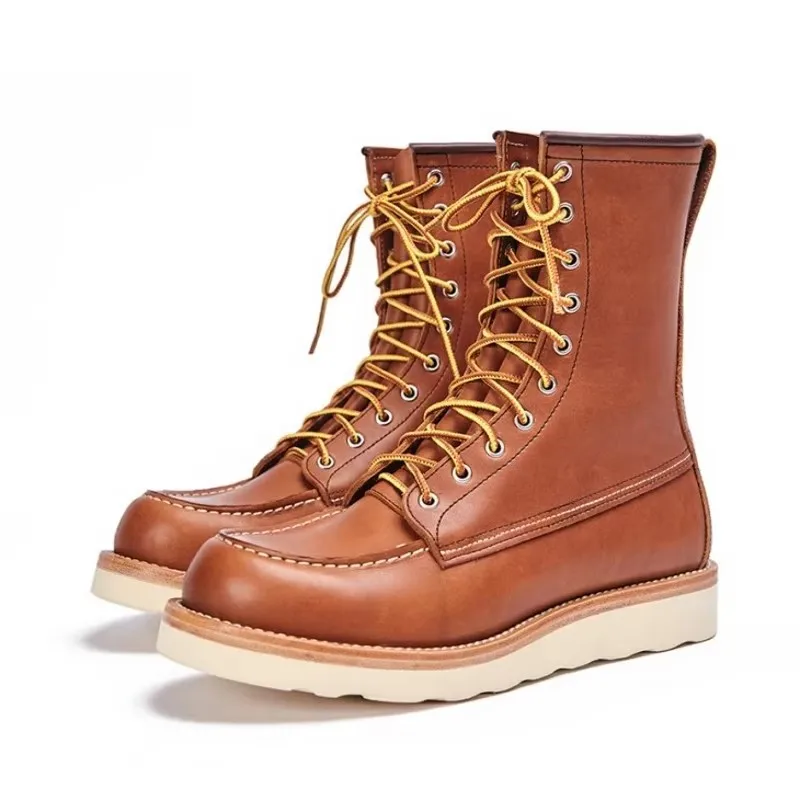 Handmade High Top Shoes Mens Vintage Round Toe Genuine Leather Casual Mid Calf Boots Spring Autumn Thick Platform Cowhide Boots