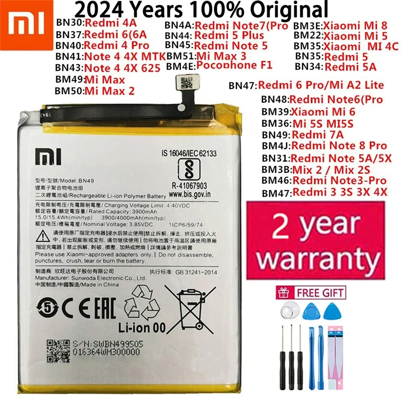 

Оригинальный запасной аккумулятор для Xiaomi Mi Redmi Note Max 2 3 3S 3X 4 4X 4A 4C 5 5A 5S 5X M5 6 6A 7 7A 8 8T Pro Plus, батареи