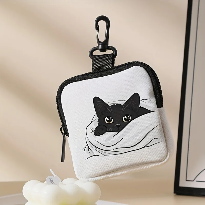 Black cat printed coin purse with synthetic leather zipper storage bag, multifunctional mini headphone bag