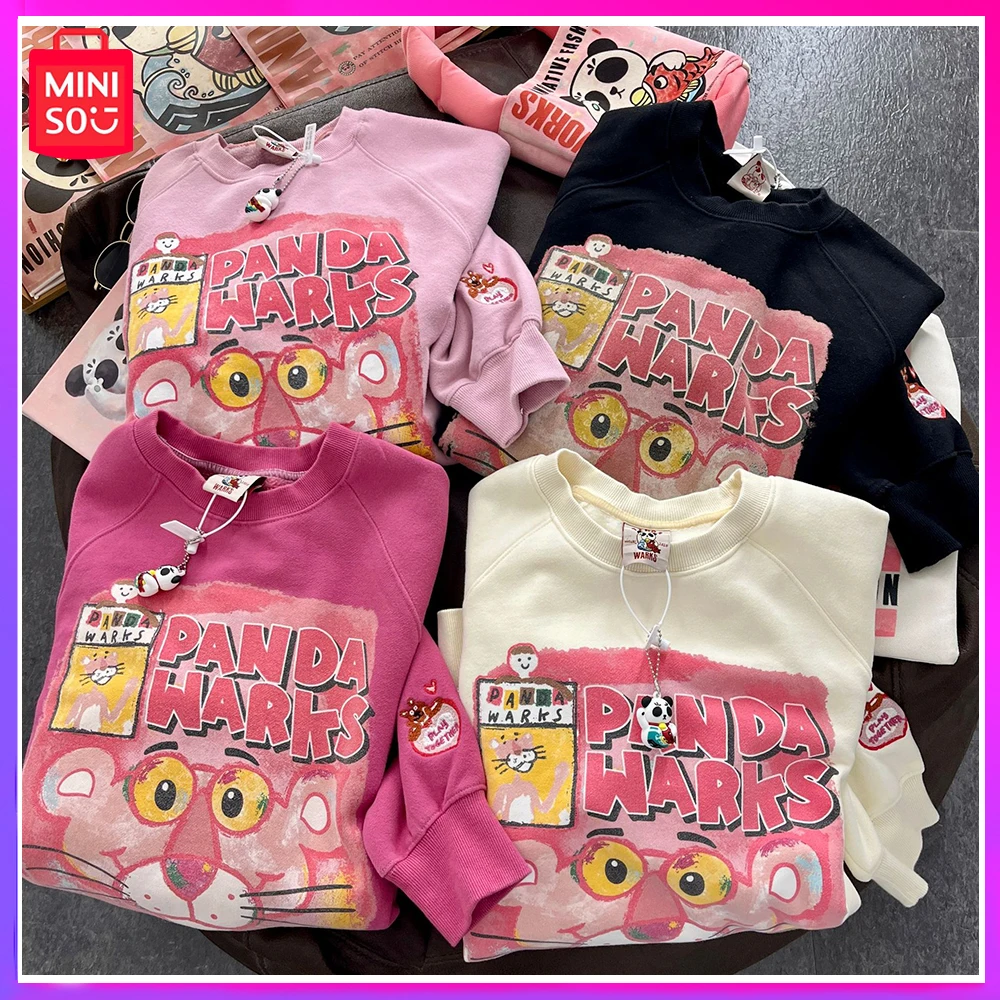 

Miniso Pink Panther New Winter Casual Cartoon Plus Fleece Thickening Loose Large Size Hoodie Clothes Kawaii Christmas Girls Gift
