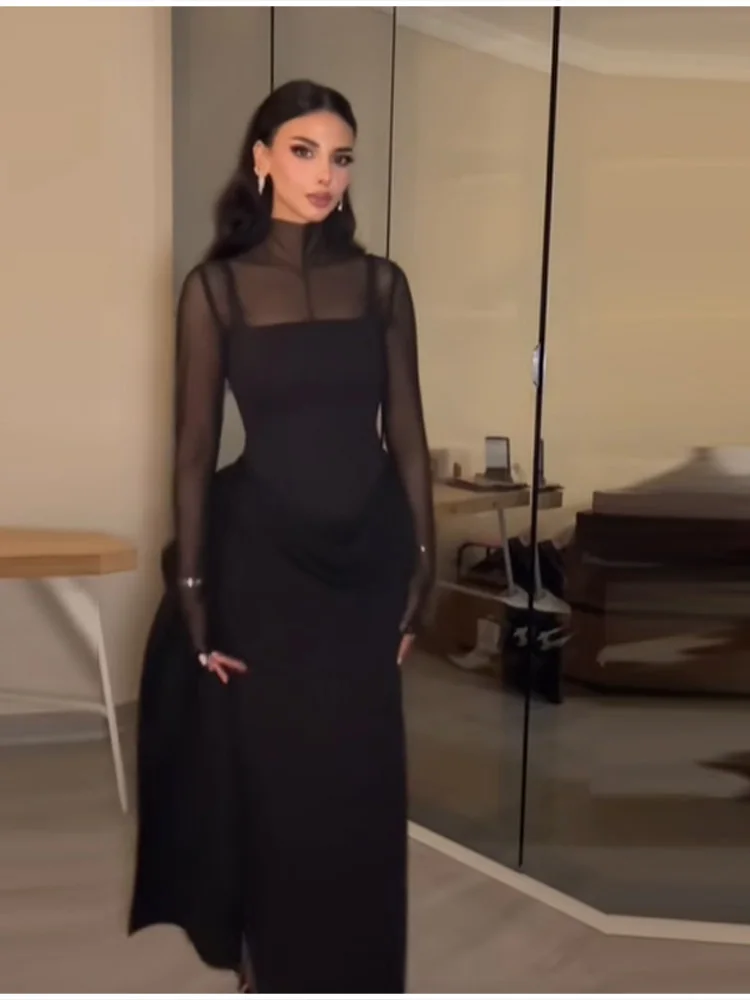 Robe de soirée en maille pour filles, élégante, Sexy, Perspective, manches longues, exquise, insertion en maille, robes de soirée pour femmes, nouveaux vêtements décontractés, 2026