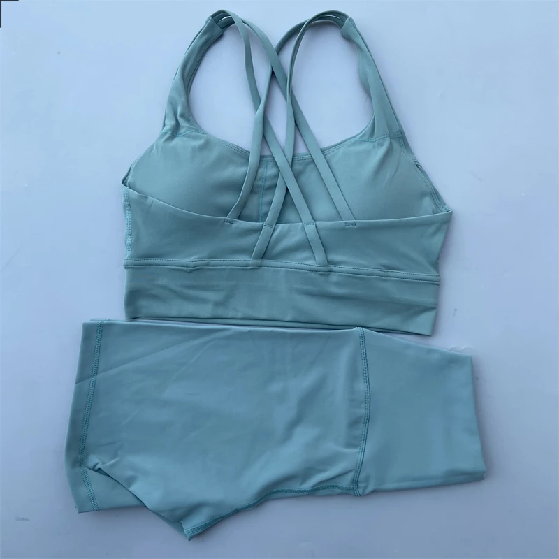 2 Piece Yoga Set Gym Sports Shorts Set Women Workout Outfit Fitness Suit Cross Straps Bra High Waist Shorts Running Tracksuit 3