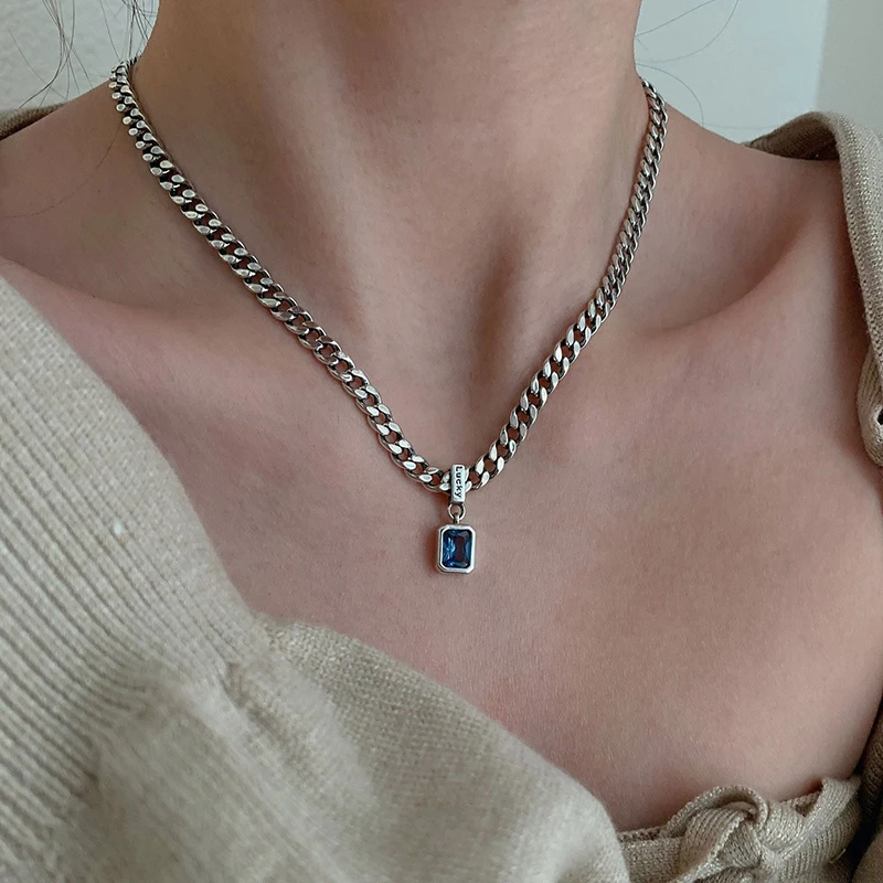 Silver Necklace 925 Sterling Square Blue Zirconia Cuban Type Choker Matching Party Gift Exquisite Women's Jewelry