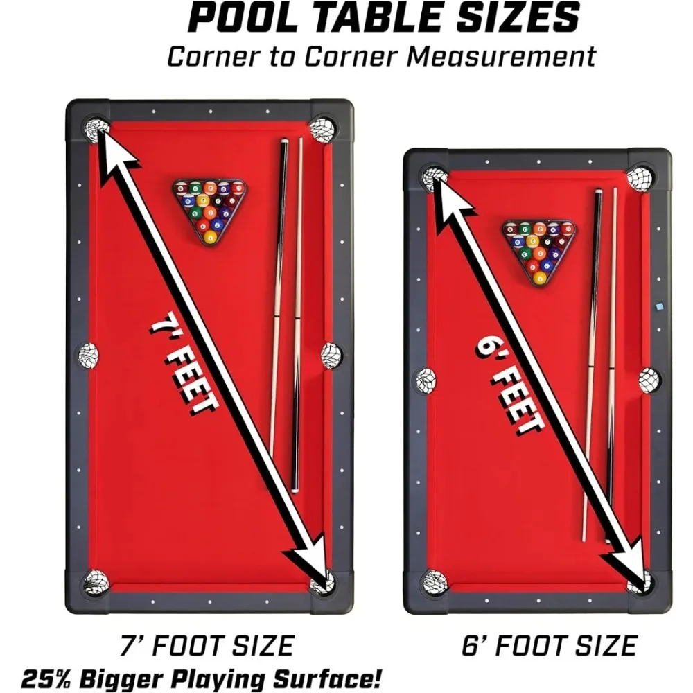 7 ft Billiards Table - Portable Pool Table - Includes Full Set of Balls, 2 Cue Sticks, Chalk and Felt Brush; Choose Size 5