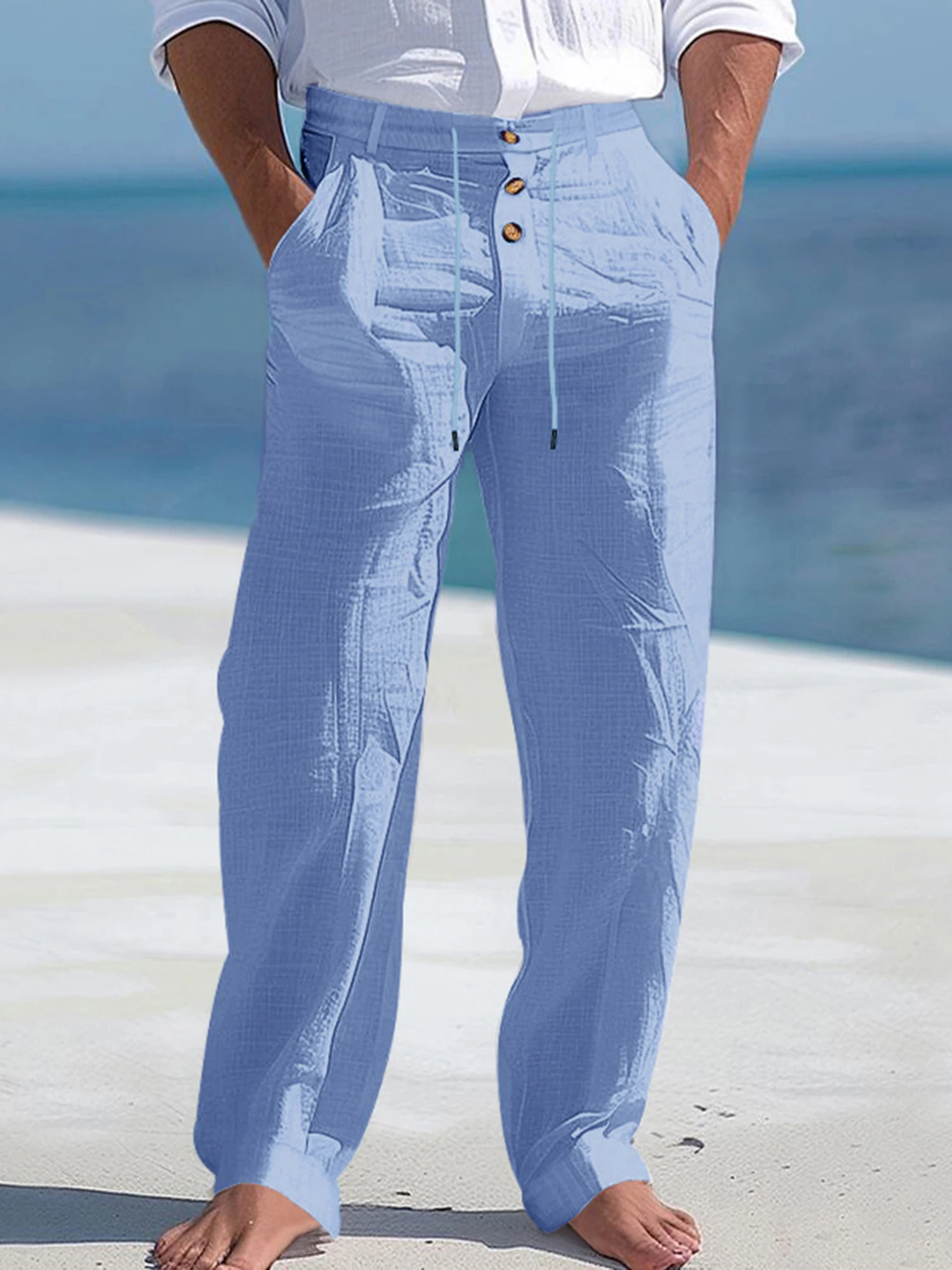Men s Lightweight Linen Drawstring Beach Pants with High Waist and Button Front Closure for Casual Summer Lounging