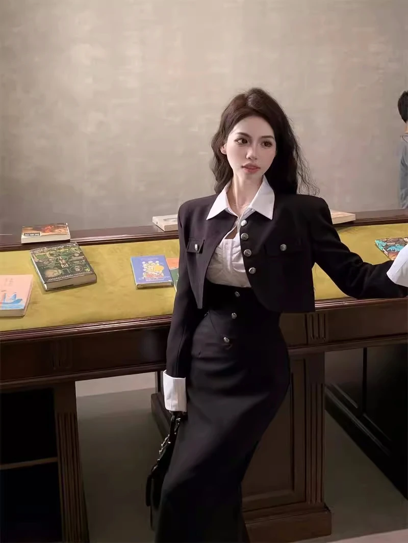 Y2K 3-piece Set Women Crop Coat Blazer White Shirt Halter Sleeveless Bodycon Midi Dress Autumn New Female Korean Chic Outfits