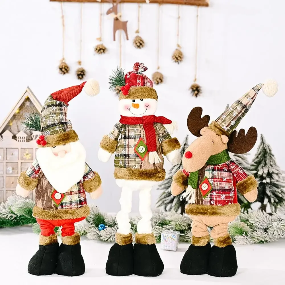 

Snowman Doll Santa Claus Doll Charming Telescopic-leg Christmas Doll Figurines Snowflake Plaid Cloth Holiday Ornaments for Home