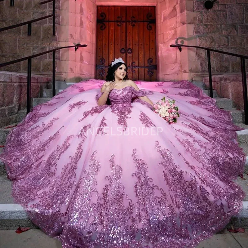 ANGELSBRIDEP Mexican Pink Quinceanera Dresses Ball Gown Shiny Sequined Appliques Sweet 16 Dress Vestido De 15 Anos