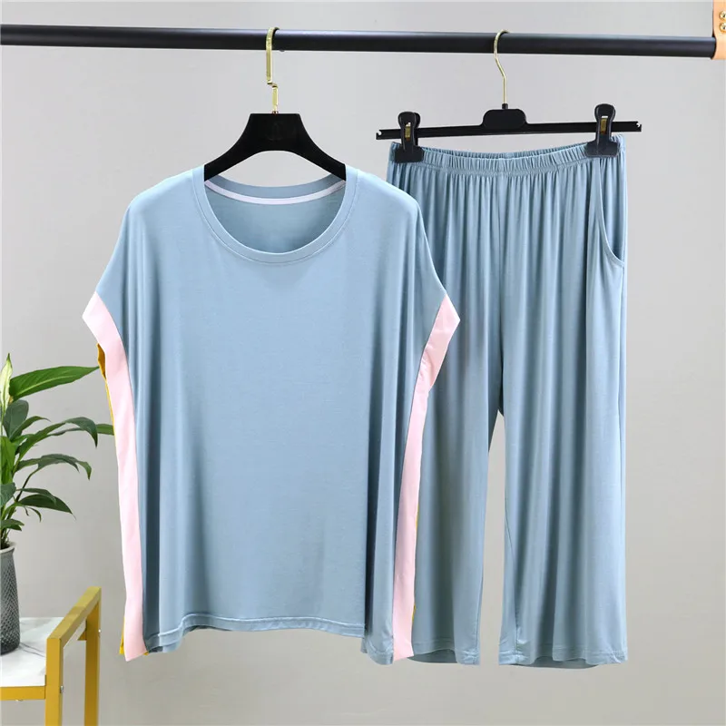 Casual Short Sleeve Cropped Pant Suit Summer Loose Home Clothes For Women Nightwear Pajamas Set Matching Color Sleepwear Pijamas