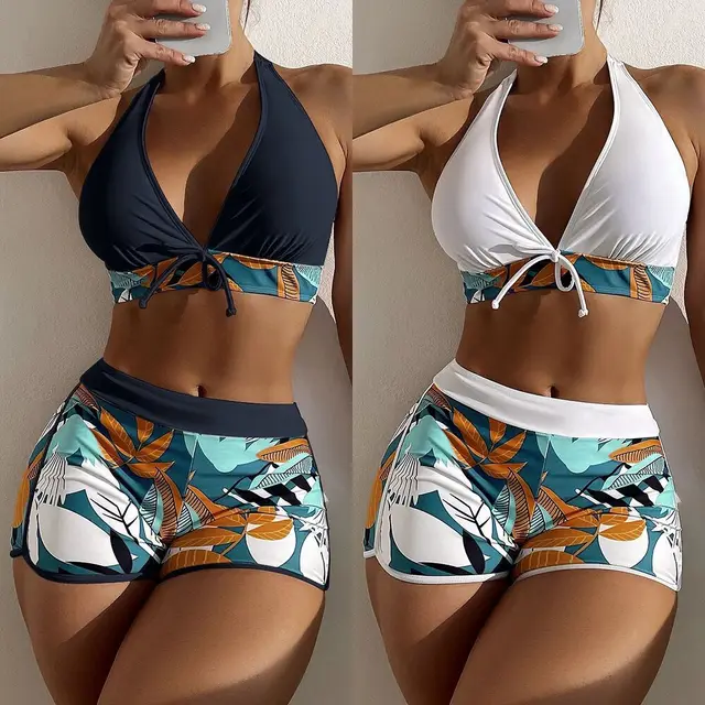 15 Colors Swimwear Women Two-Piece Suit Patchwork Halter Bikini Top With High Waisted Boxer Bottom College Sporty Surfing Suit 1