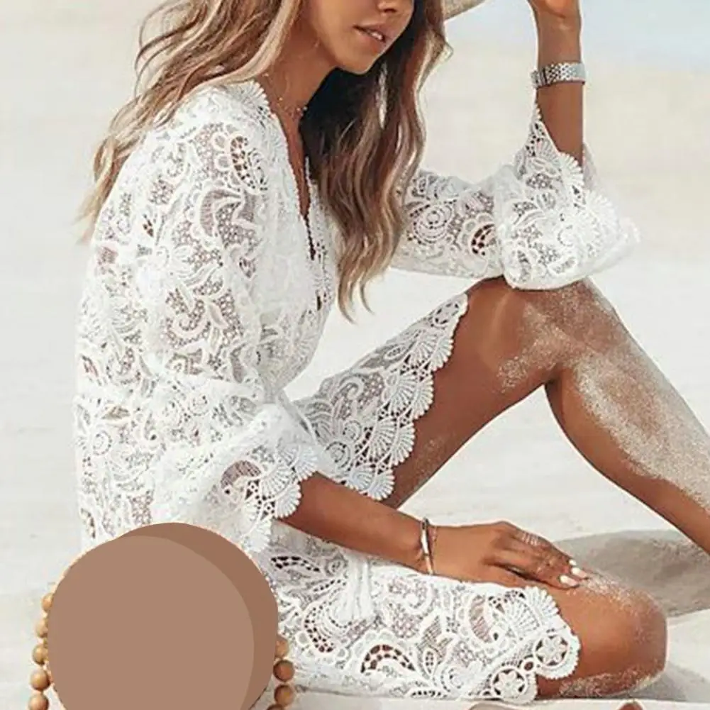 

Lace Crochet Beach Dress Summer V-neck Dress Stunning Summer Lace Crochet Mini Bikini Cover Up Dress V-neck Long Sleeve High