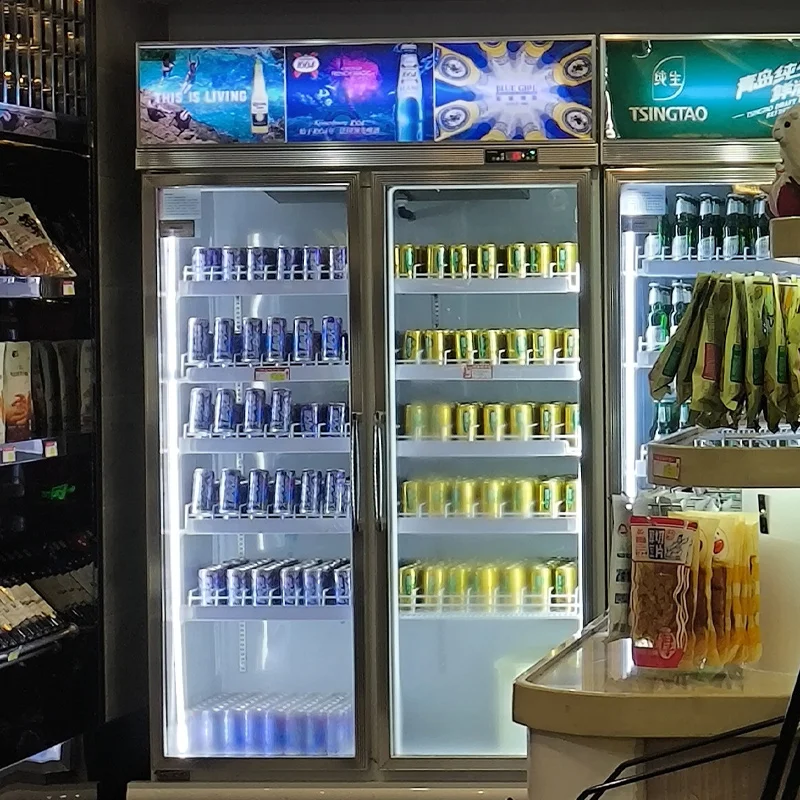 Commercial Supermarket Fruit Dink Display Fridge Two Glass Door Vertical Freezer Bar And Canteen Glass Door Display Cooler
