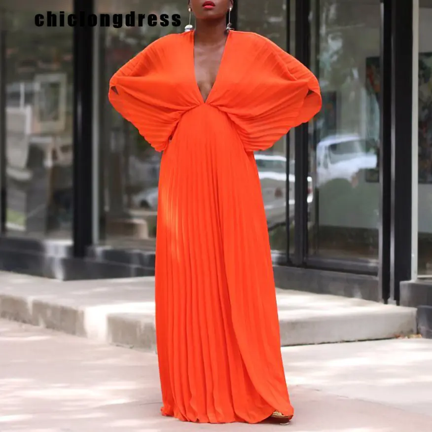 

Summer Fashion Loose Bat Sleeve Pleated Dress Women Casual OL V- Neck Hollow Bat Sleeve High Waist Pleated Long Dress Women
