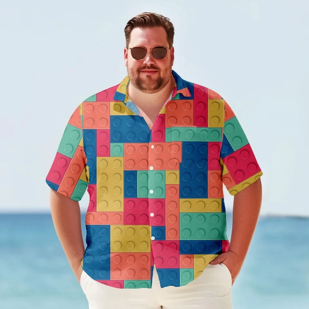 

Hawaiian Shirt Men Retro Summer Plus Size Shirt Y2k Streetwear Tops Party Bowling Block Pattern Short Sleeve Oversized Clothing