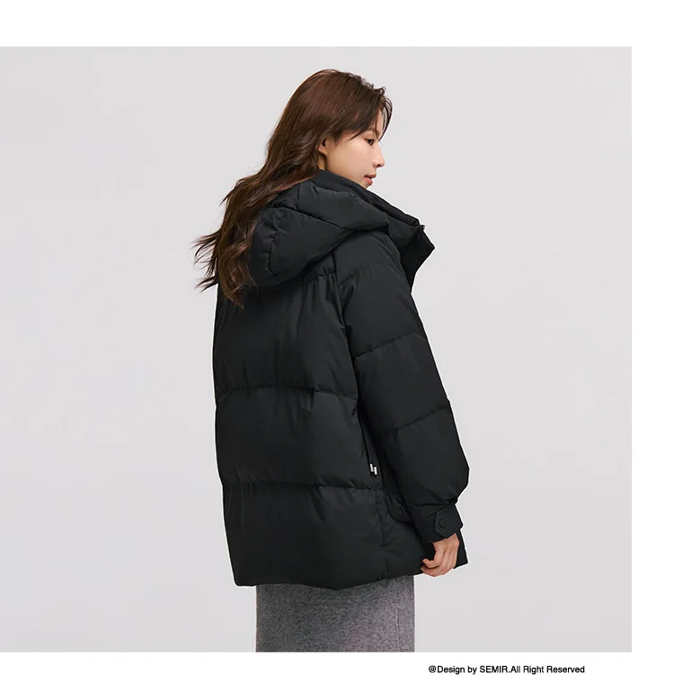 Down Jacket Women Mid-Length Loose Raglan Sleeve Simple Warm Winter Three-Defense Hooded Coat