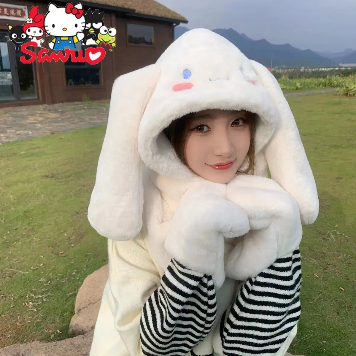 Sanrio Kuromi Melody Hat Scarf Gloves Cinnamoroll Strawberry Bear Warm Three-piece Winter School Hat Soft Doll Scarf Kids Gift japanese order prize figure kuromi doll sanrio kuromi dark japanese little devil plush toy gift bunny plush hello kitty