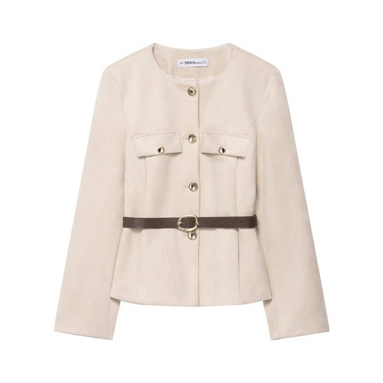 Women Spring Suede Short Jacket Coat Female O-Neck Pocket Decoration Long Sleeve With Belt High Street Elegant Commuter Coat