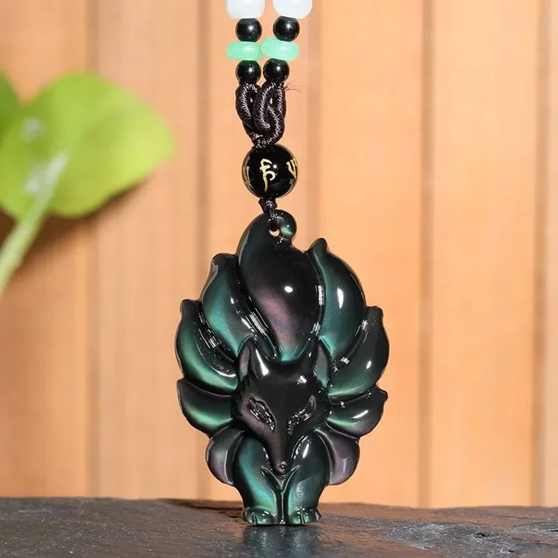 Natural Colored Obsidian Hand Carved Nine Tailed Fox Jade Pendant, Fashionable Boutique Jewelry, Men's and Women's Fox Necklace