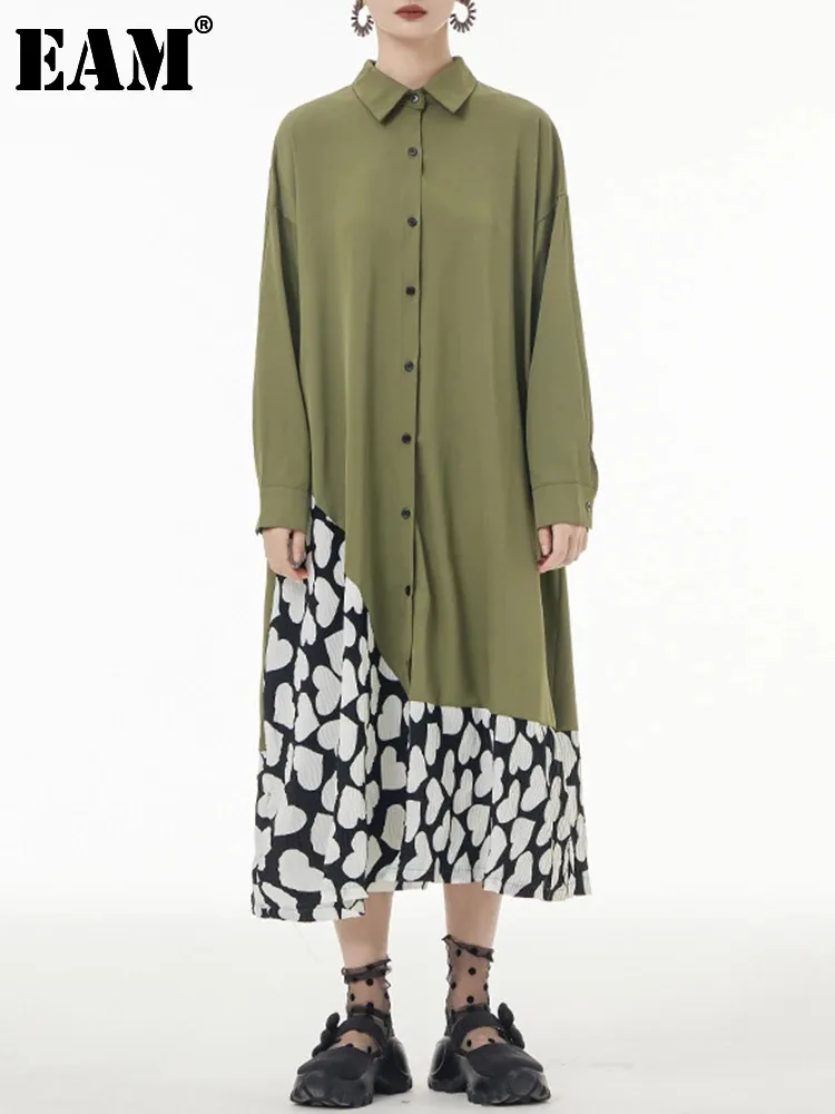 

[EAM] Women Army Green Printed Big Size Midi Shirt Dress New Lapel Long Sleeve Loose Fit Fashion Tide Spring Autumn 2024 1DH1213