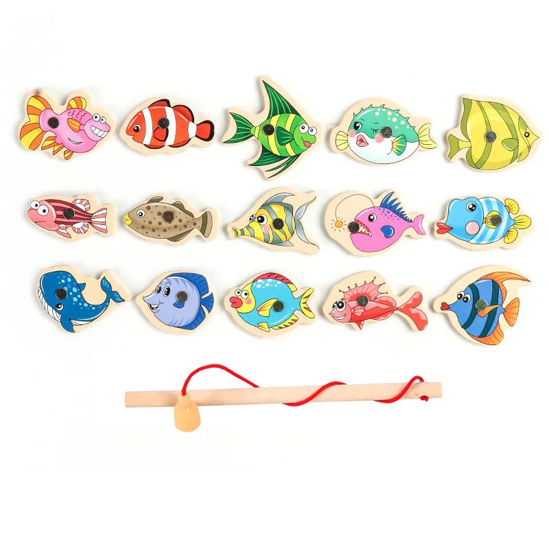 Wooden Fishing Game Cartoon Marine Life Cognition Fish Rod Magnetic Toys for Children Early Educational Parent-child Interactive 3