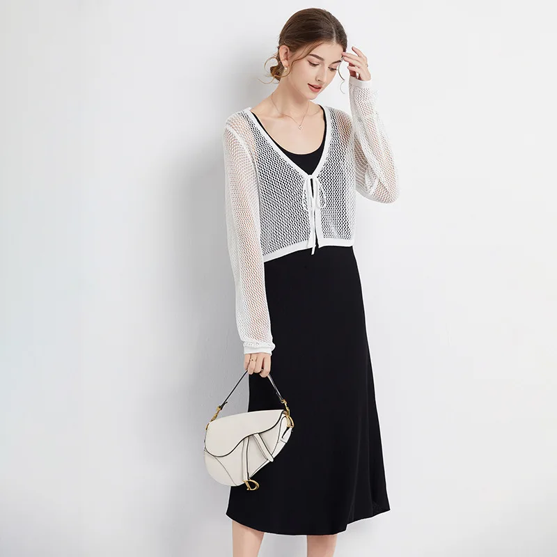 

Women's Woven Tank Top Skirt with Mid Length, Two Piece Sunscreen Cardigan, Ice Silk, Small Cover Dress, Spring, Summer, New