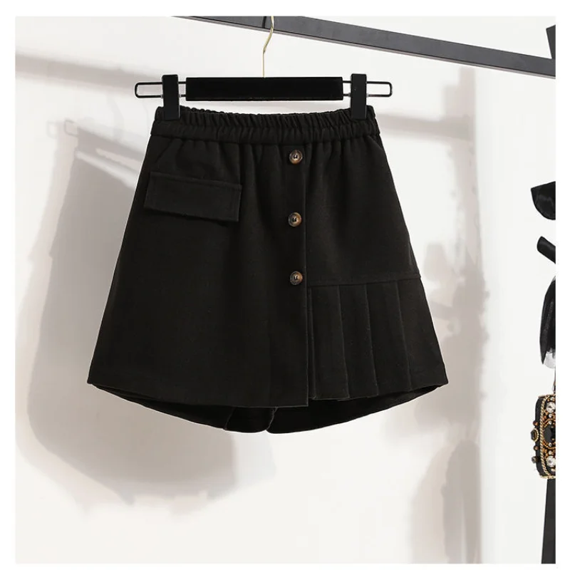 Plus Size New Irregular Pleated Pants Skirt Autumn Winter Elastic Waist Loose Solid A-line Shorts Vintage Casual Women Clothing