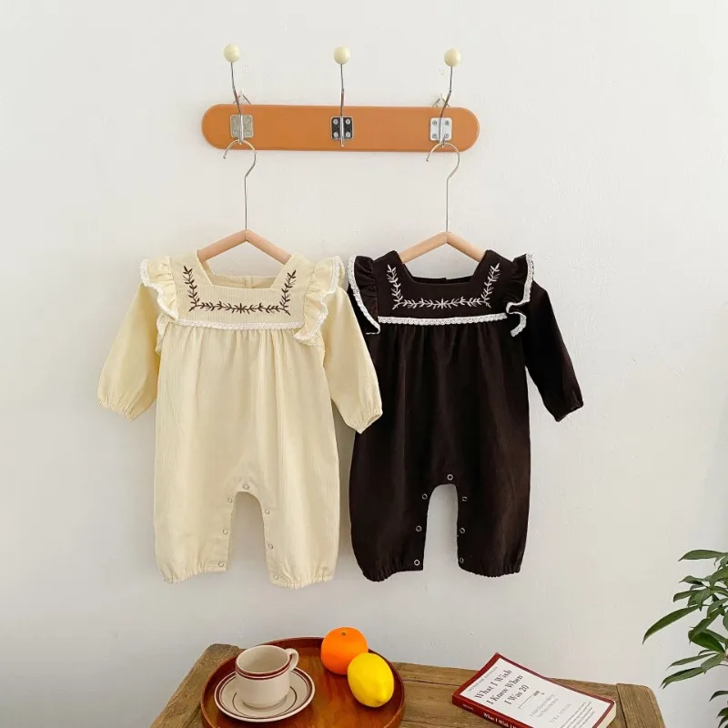 

2023 New Spring and Autumn Clothes for Infant and Girls Cotton Embroidered Square Collar One-piece Long Sleeve Sets for Children