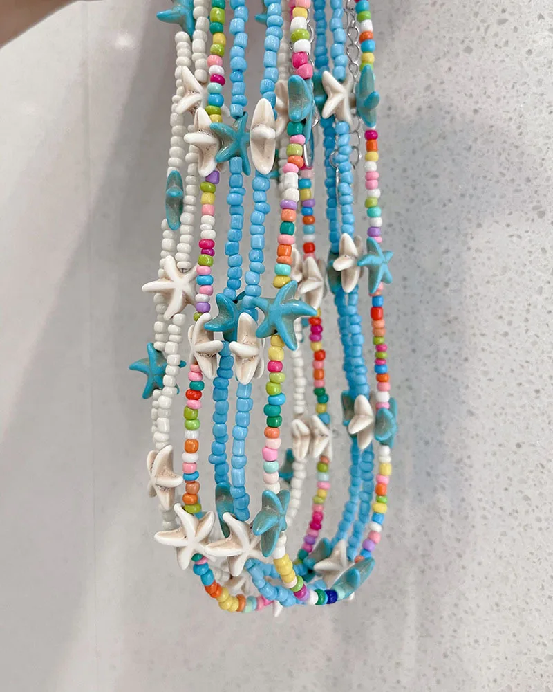 Böhmische Seestern Perlenkette Bunte Sommer Strand Halskette Damen_voghion.com