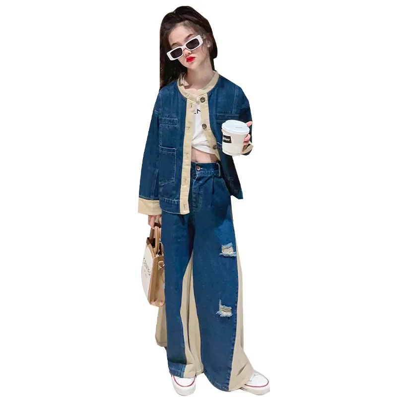 

Kids Girls Clothes Spring Fashion Casual Denim Set Tops + Pants 2pcs Crewneck Patchwork Jacket Ripped Jeans for Teens 3-14 Y