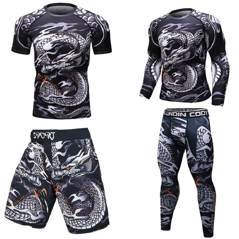 

4 Piece Long Sleeve Shorts Legging MMA BJJ Rashguard Set Men's Shorts and Gym Shirts Men Jiu Jitsu Sportswear Set