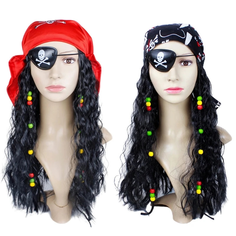

Pirate with Eye-Patch Scarf Set Long Curly Black Pirate Pirate Outfit Costume Accessories for Halloween Party