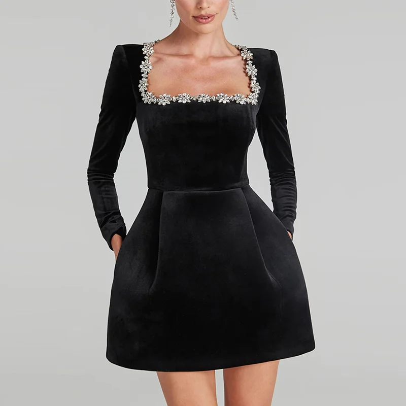 Vestido de terciopelo con cuello cuadrado y cuentas de manga larga para mujer, cintura alta, corte en A, para fiesta, Navidad y noche, nuevo