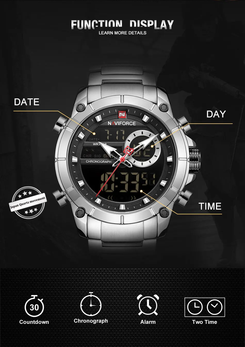 NAVIFORCE 9163 New Watches for Men Luxury Sports Quartz Wrist Watch Male Stainless Steel Waterproof Dual Display Digital Clock
