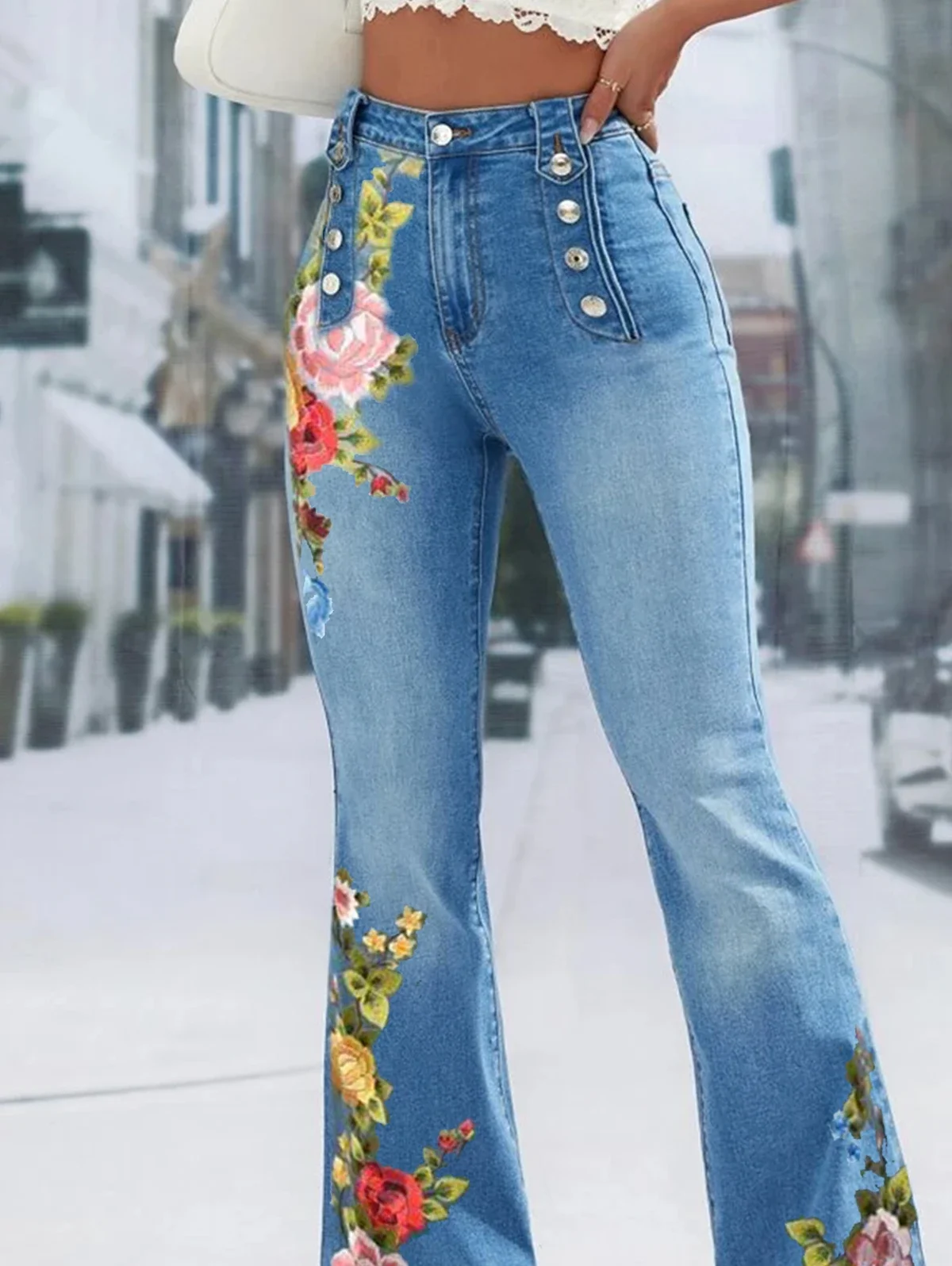 Plus Size Women Jeans Plain Button Decor Flare Leg Long Denim Pants Daily Floral Embroidery High Waist Wide Leg Jeans 2024