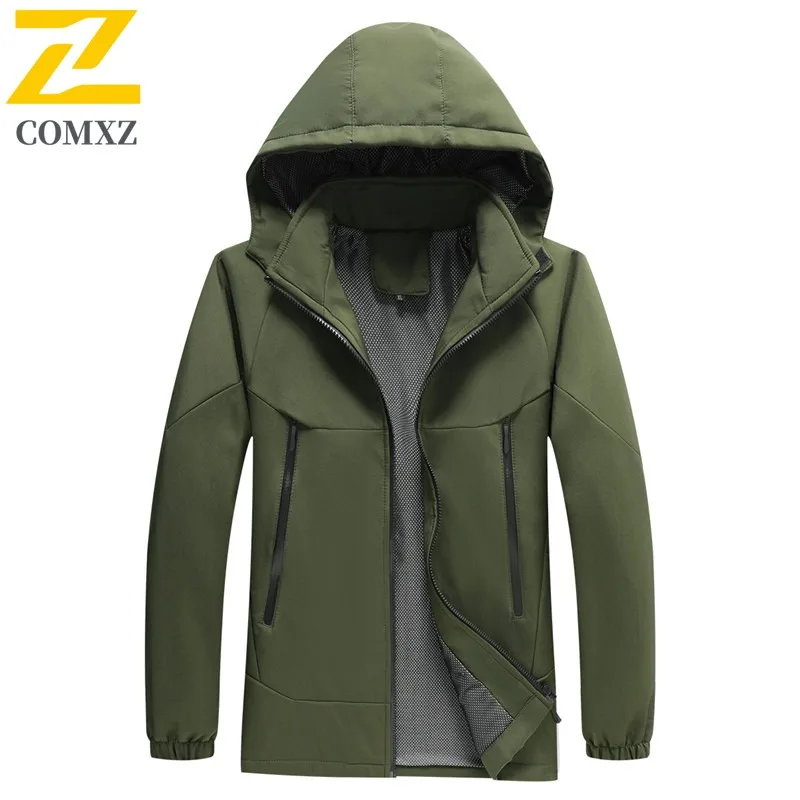 COMXZ Chaqueta Waterproof Solid Color Hooded Outdoor Camping Running Trench Coat Work Wear Resistant Comfortable Men's Outerwear