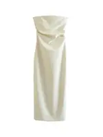 Women Fashion Strapless Gathered Midi Dress Sexy Straight Neck Back Slit Female Dresses Vestidos Mujer - Image 2