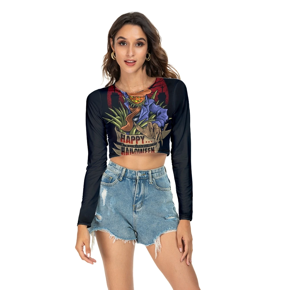 

Women Fashion Long-sleeved O-neck T-Shirt Spring Sexy Cropped Navel Long Sleeve T-Shirt Summer Halloween Printing