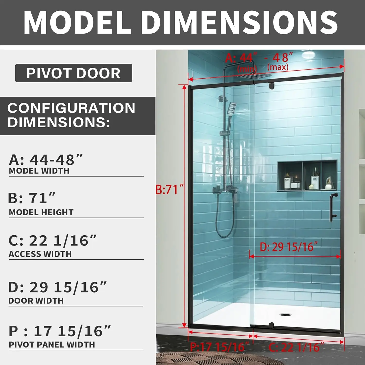 44-48" W x 71" H Piovt Swing Glass Shower Door,Pivot Semi-Frameless Glass Shower Door Matte Black Finish Shower Doors 3