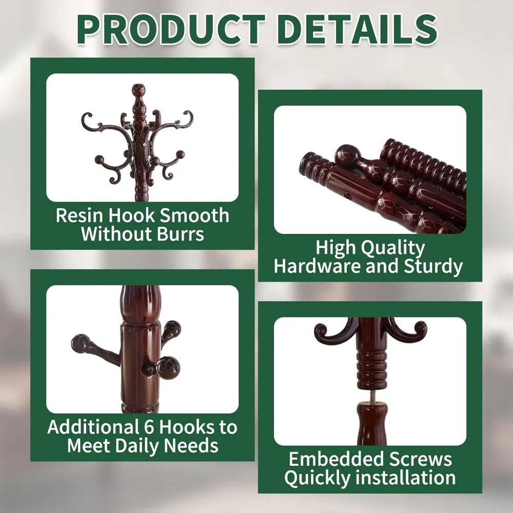 Wood Coat Rack Stand, Wooden Rack Freestanding with Sturdy Round Base, Racks with 14 Hooks, Natural Birch Wood