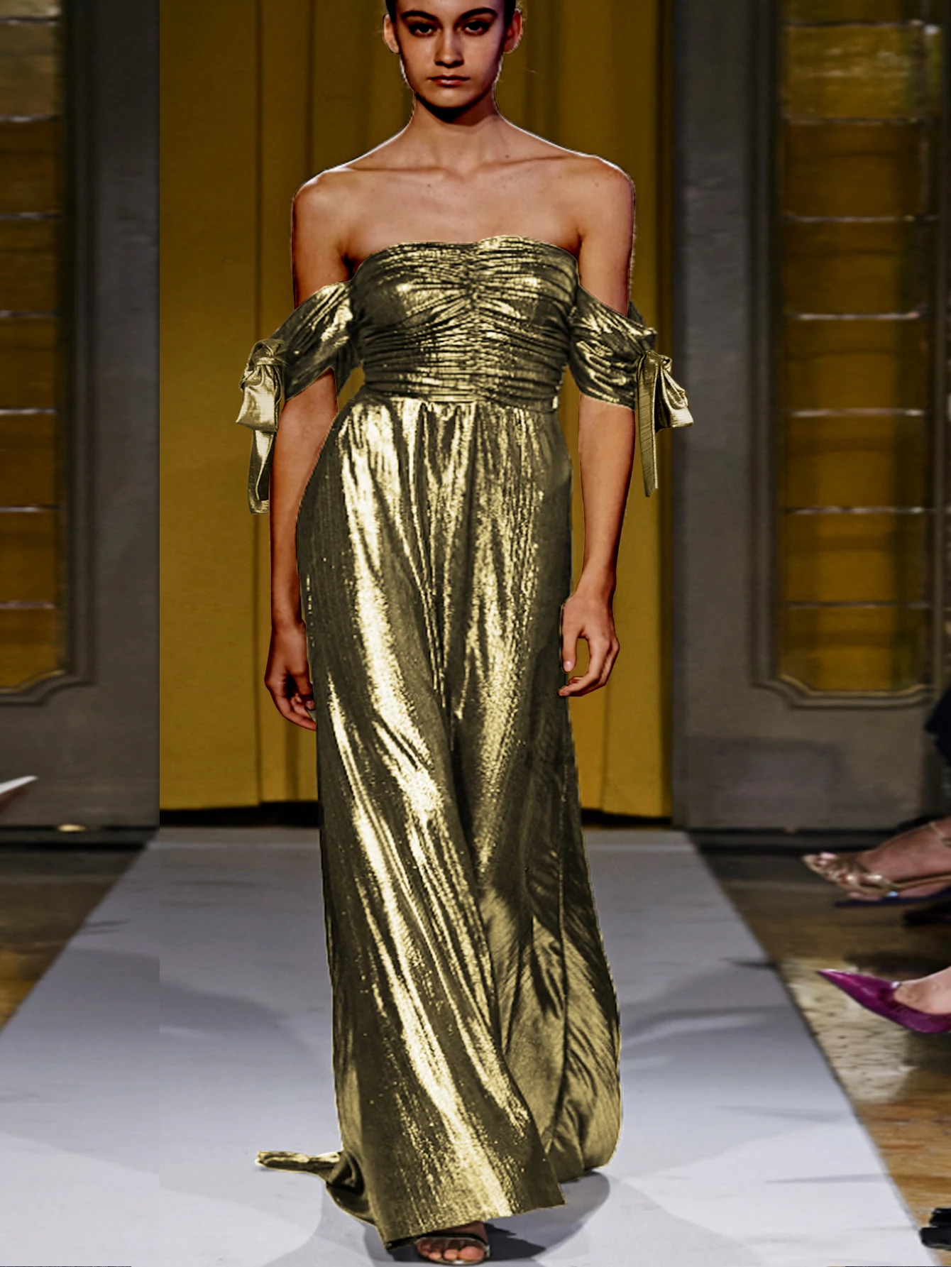 

Женское вечернее платье с металлическим блеском, с высокой талией и открытыми плечами