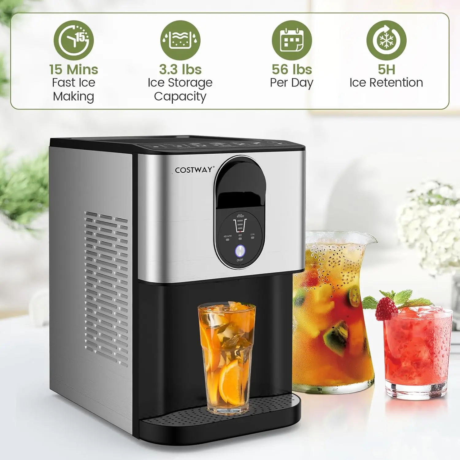 Self Dispensing Nugget Ice Maker Countertop, 56 Lbs/24H Soft Chewable Ice, Pebble Ice Maker with Self-Cleaning, One-Button 4