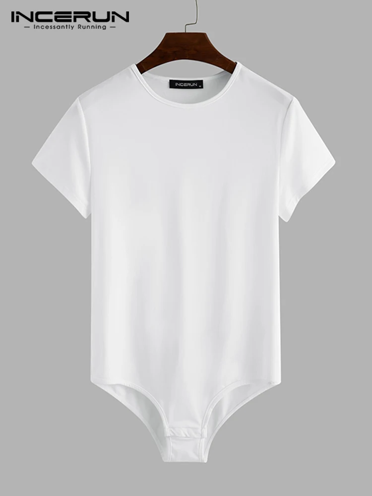 Men Bodysuit Solid Color Pajamas Sexy Breathable Short Sleeve O-neck Rompers Underwear Fitness S-5XL