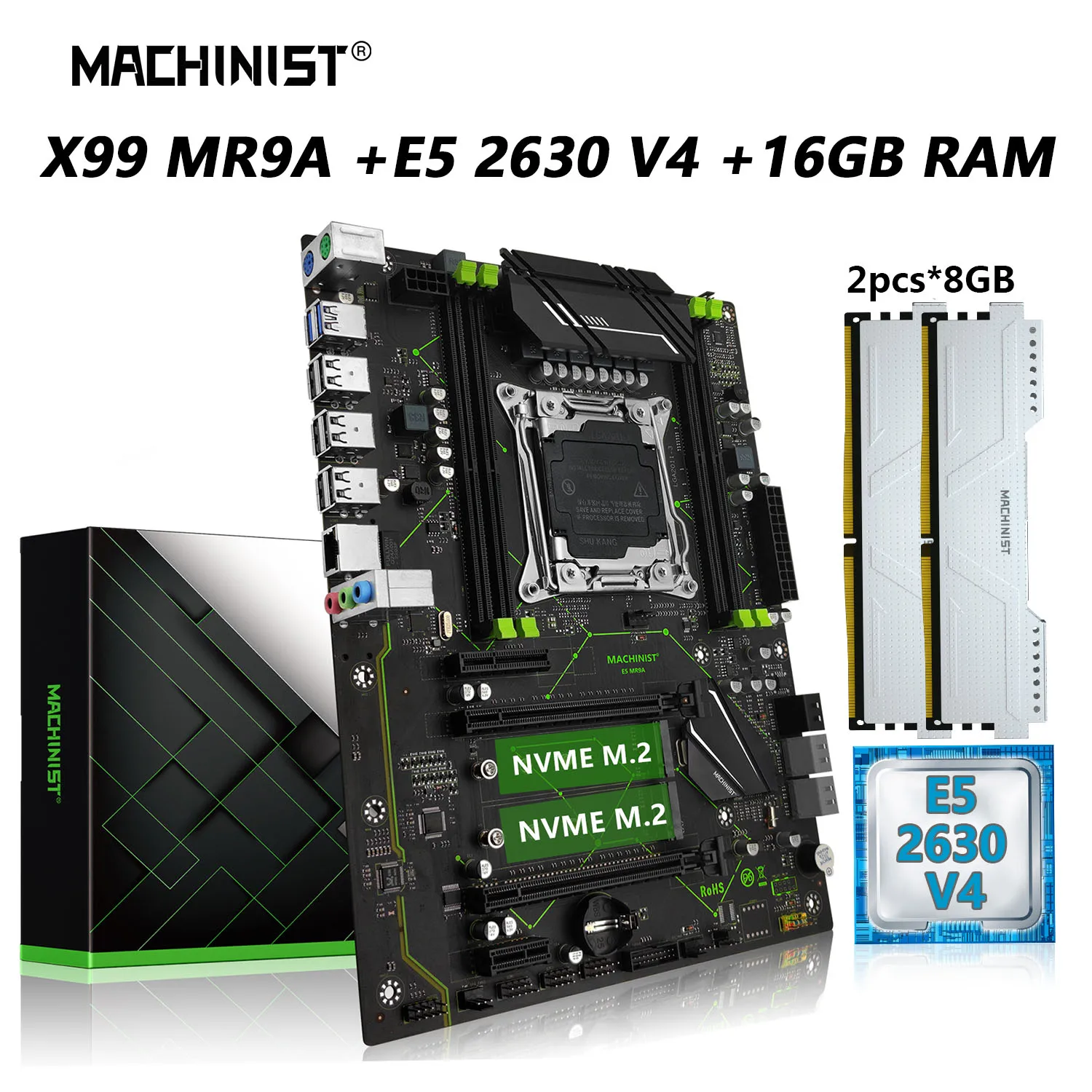 

MACHINIST MR9A X99 Motherboard Combo Kit Xeon E5 2630 V4 CPU Processor LGA 2011-3 16G=8G*2 DDR4 RAM Memory Set NVME M.2 USB 3.0