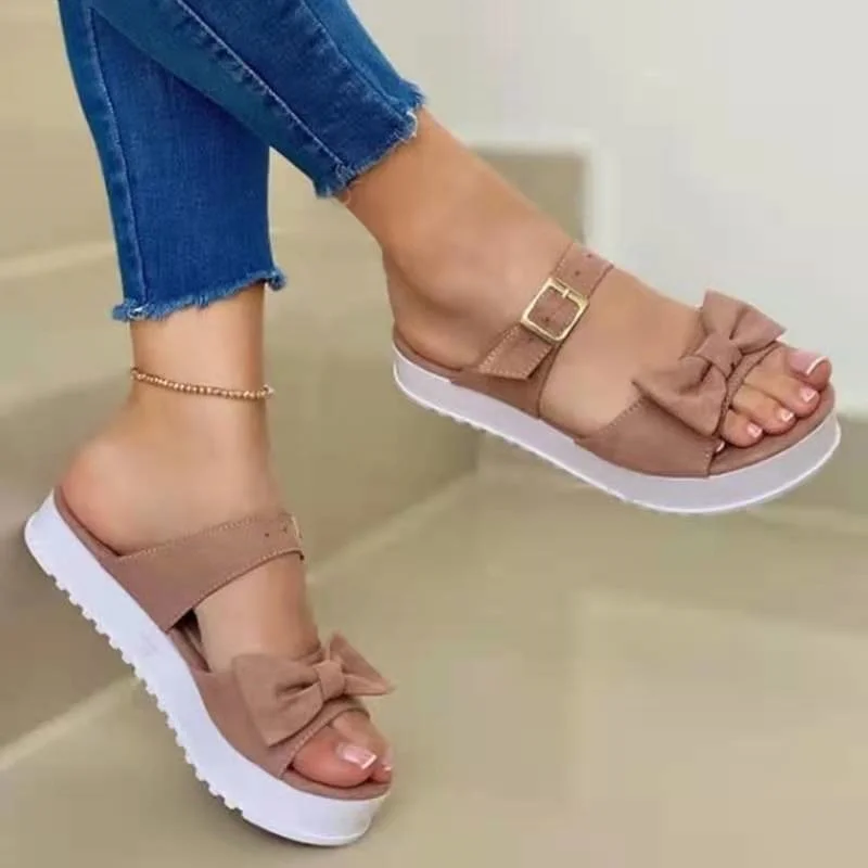 Slippers Women Summer New 2022 Fashion Bow Flats Platform Sandals Woman Open Toe Flip Flops Outdoor Casual Beach Shoes Female