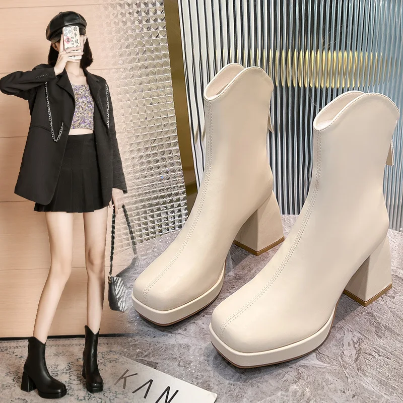 Women Boots Leather Square High Heel Ankle Boots Round Toe Winter Shoes Woman Warm Comfort Fashion Platform Zipper Boots Black