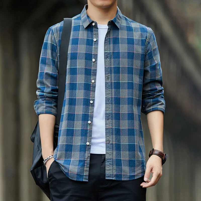 Spring Autumn New Korean Casual Fashion Simple Print Plaid Shirt Men Lapel Button Vintage Loose Trendy Cotton Long Sleeved Top