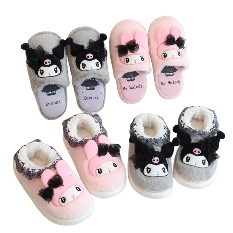 

Симпатичные Тапочки Sanrio Kuromi My Melody, домашняя обувь в японском стиле, теплая плюшевая хлопковая обувь для девочек, зимние, Осенние, Нескользящие