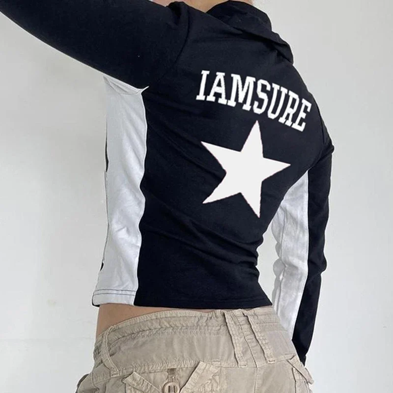 y2k Clothes Women Jacket 2000s Aesthetic Zip Up Long Sleeve Crop Top Coats Jackets Patchwork Grunge Clothes