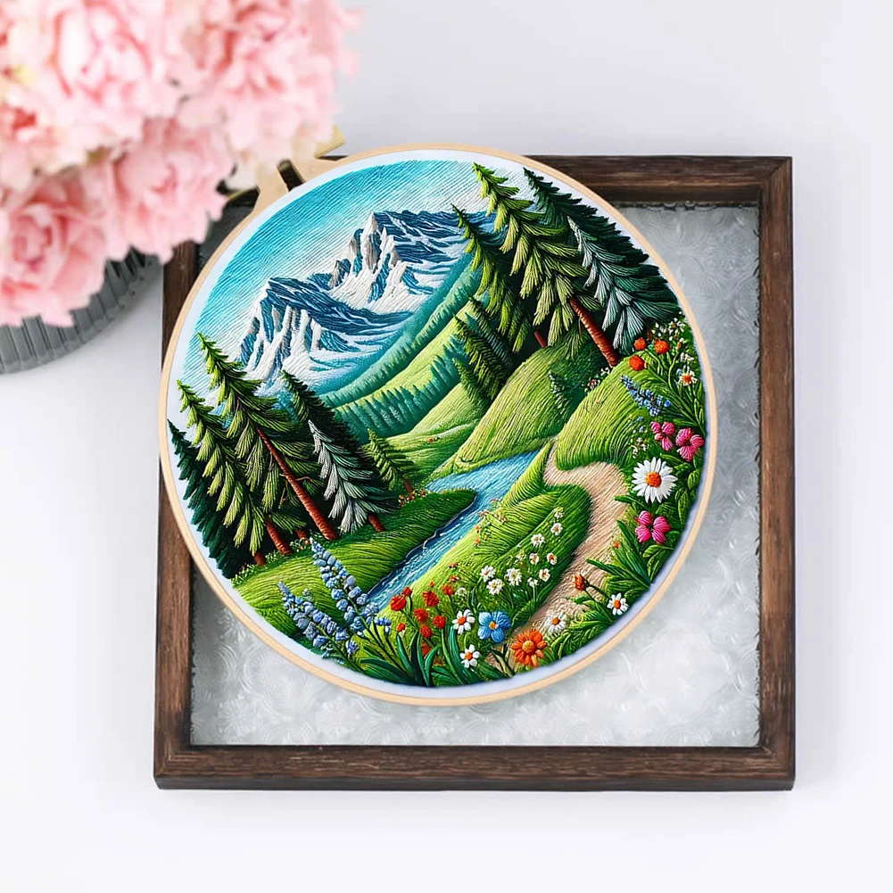 Landscape Stamped Cross Stitch Embroidery Kits with Hoop Cloth Color Thread